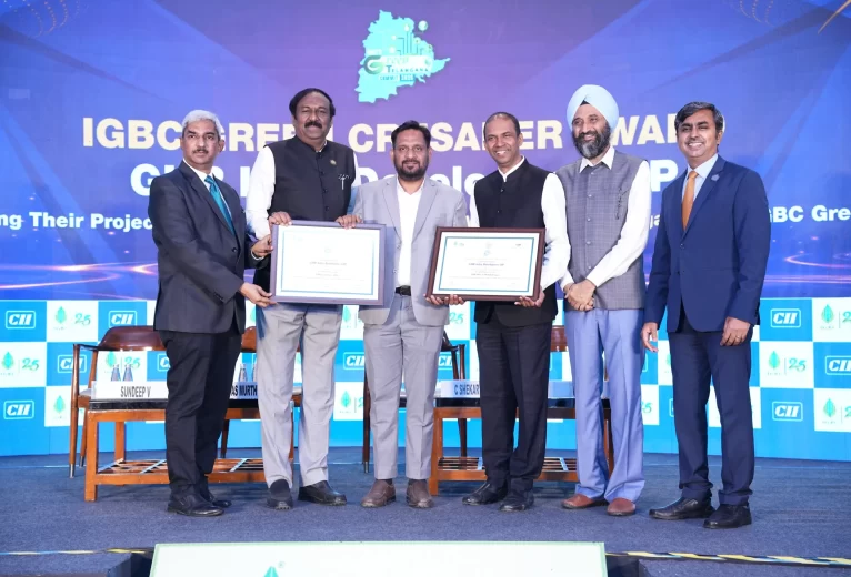 GHR Infra team receiving IGBC Green Crusader Award at Green Telangana Summit 2026 in Hyderabad